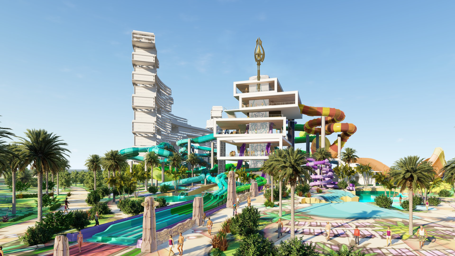 A water park with a large building and a pool  Description automatically generated